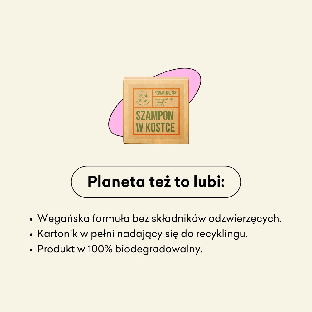 Szampon w kostce Normalizujący infografika planeta też to lubi: wegańska formuła, kartonik nadający się do recyklingu, produkt w 100% biodegradowalny.
