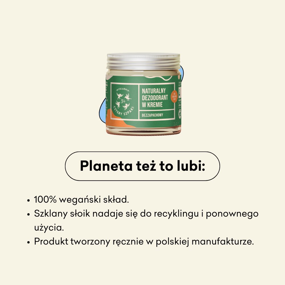 Naturalny dezodorant w kremie bezzapachowy bez dodatku sody, 100% wegańska formuła.
