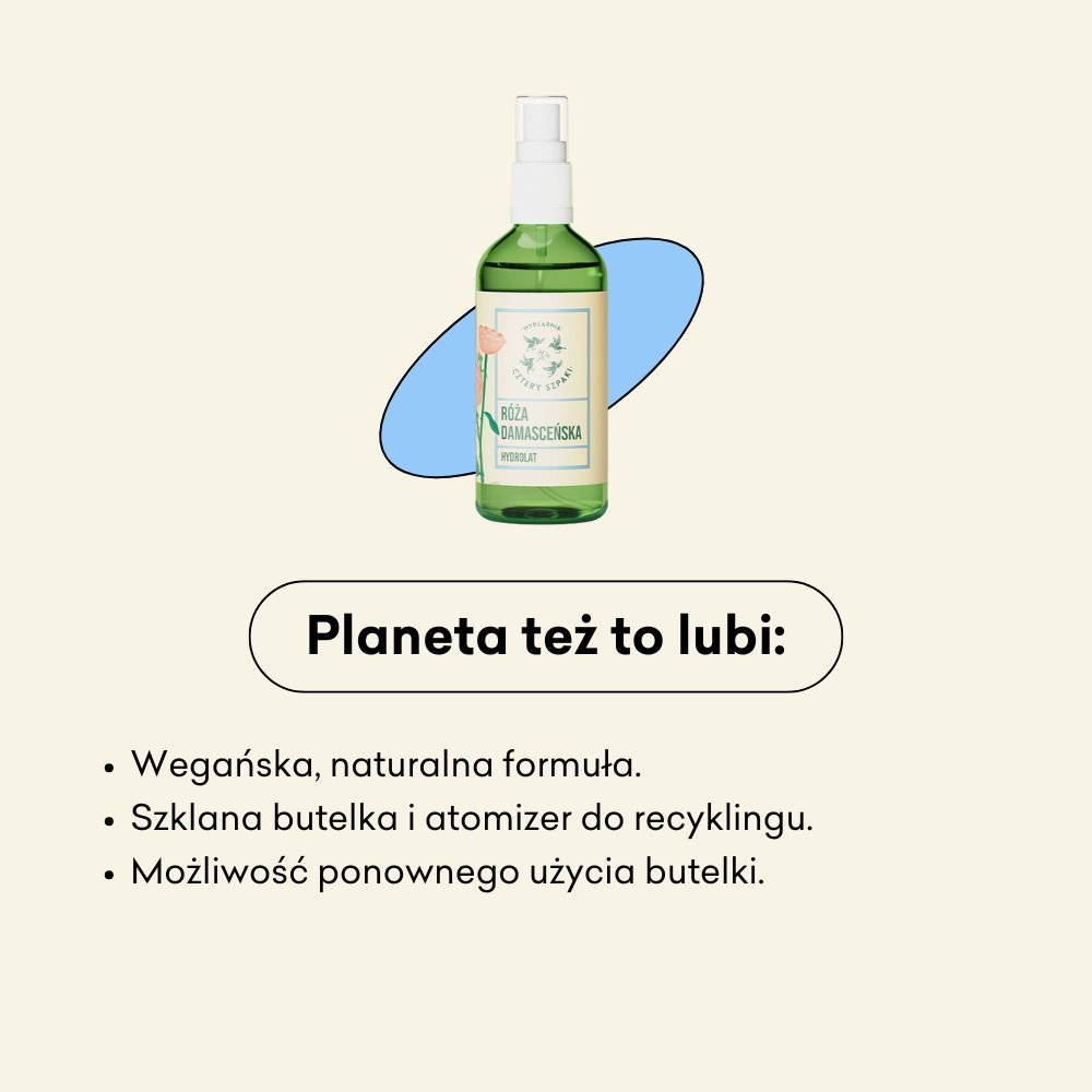 Róża damasceńska - hydrolat: wegańska formuła, szklana butelka łatwa do segregacji. 