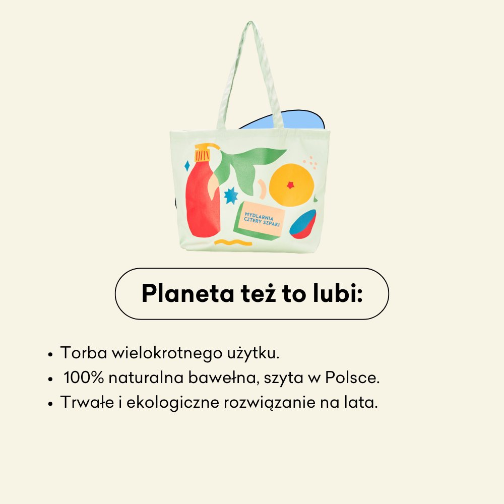 Kolorowa bawełniana torba wielokrotnego użytku z ilustracjami owoców i polską etykietą, pokazana nad polskim tekstem promującym jej ekologiczne, trwałe i lokalne właściwości.