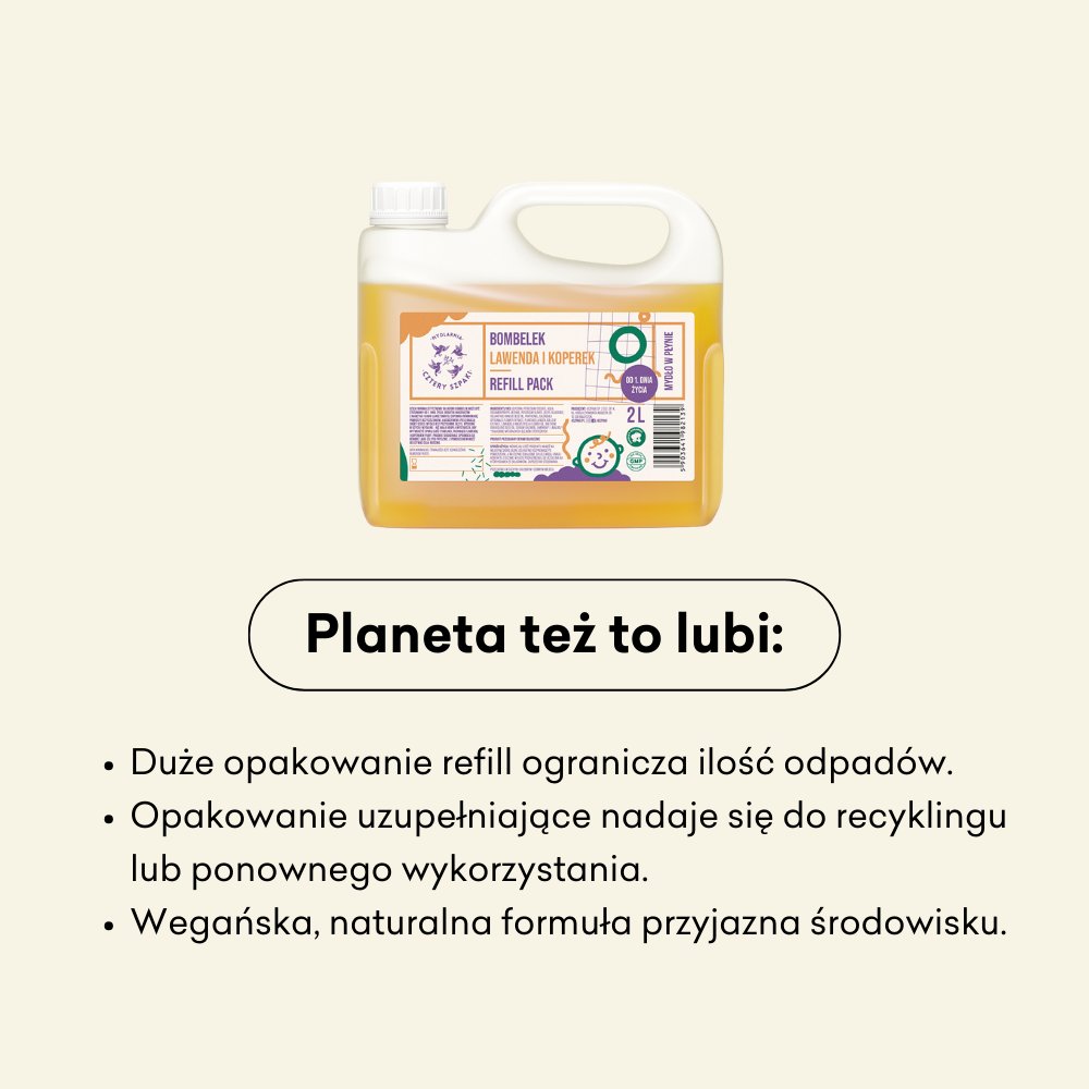 Duże opakowanie mydła w płynie Bombelek ogranicza ilość odpadów.