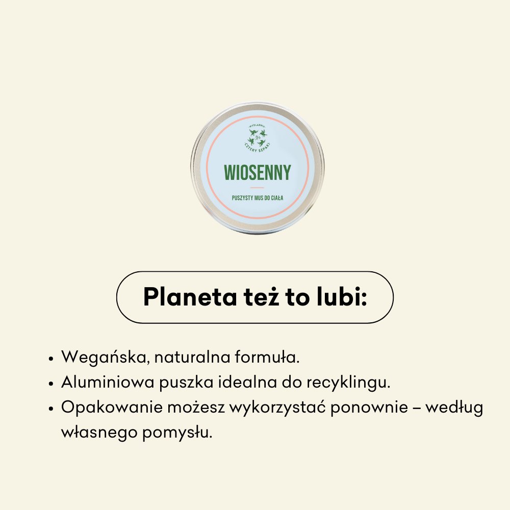 Infografika dotycząca wpływu produktu na planetę. Wegańska, naturalna formuła, aluminiowa puszka, która nadaje się do recyklingu. 