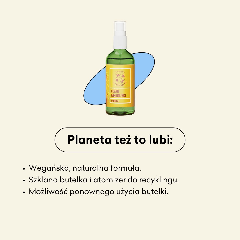 Hydrolat Oczar Wirginijski infografika planeta też to lubi: wegańska, naturalna formuła, szklana butelka i atomizer do recyklingu, możliwość ponownego użycia butelki.
