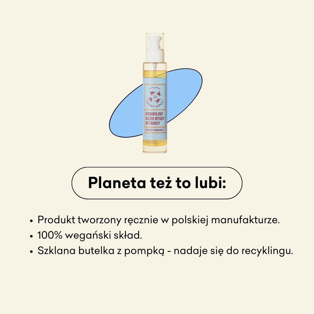 Hydrofilowy olejek myjący do twarzy Marchew i Pomarańcza infografika planeta też to lubi: produkt tworzony ręcznie w polskiej manufakturze, wegański, szklana butelka z pompką.