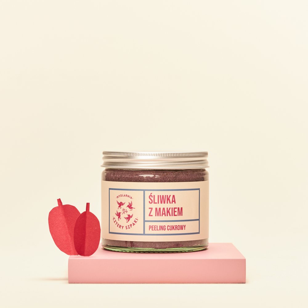 Peeling cukrowy Śliwka z Makiem w szklanym słoiku i metalową zakrętką. 