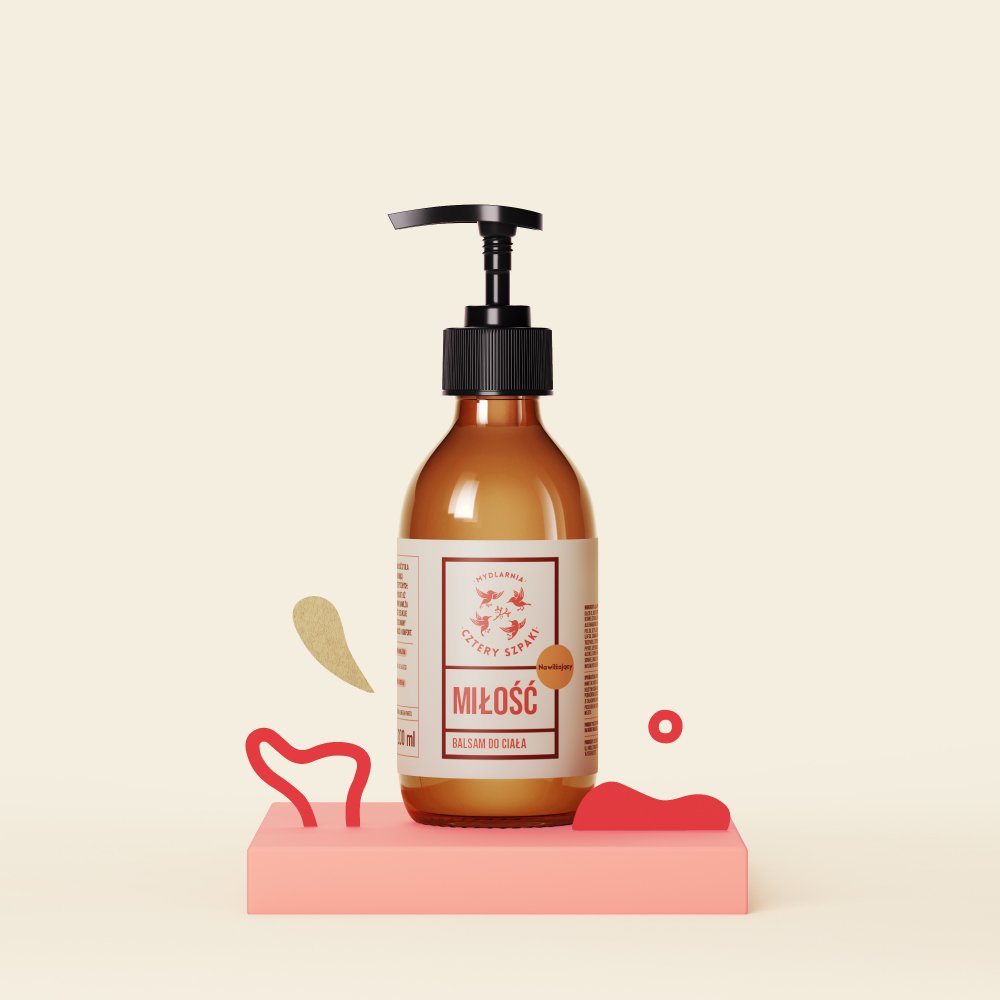 Brązowa butelka z pompką z napisem Miłość stoi na różowej platformie z abstrakcyjnymi kształtami wokół niej.Tło ma kolor jasnokremowy.