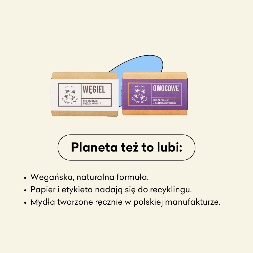 Pięciopak mydeł w kostce planeta też to lubi: wegańska, naturalna formuła, papier i etykieta nadają się do recyklingu, mydła tworzone ręcznie w polskiej manufakturze.