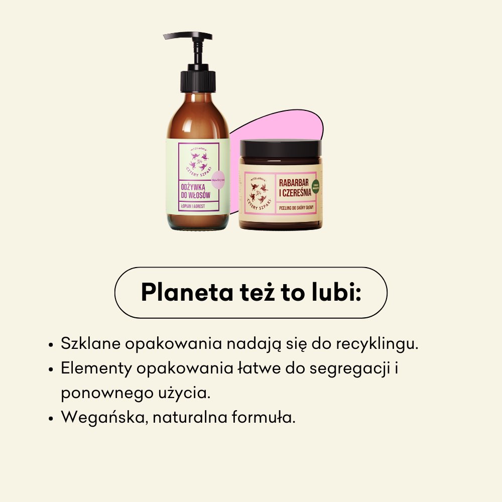 Zestaw - odżywka i peeling do skóry głowy, szklane opakowania nadające się do recyklingu.