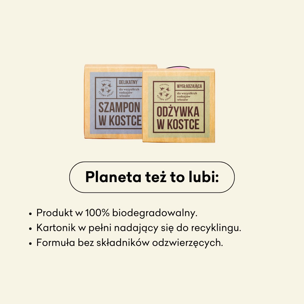 Włosopak duet infografika planeta też to lubi: produkt w 100% biodegradowalny, kartonik nadający się do recyklingu, wegańska formuła