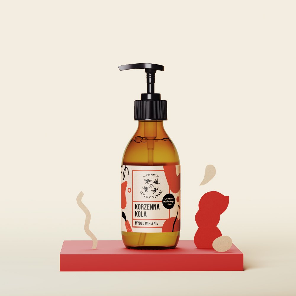 Mydło w płynie Korzenna Kola w szklanej butelce z pompką. 