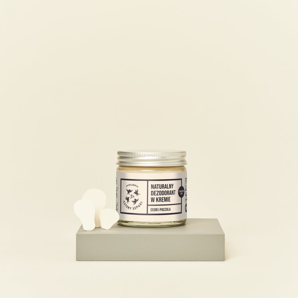 Naturalny dezodorant w kremie Cedr i Paczula z ziemią okrzemkową w szklanym słoiczku 60 ml, 4 Szpaki