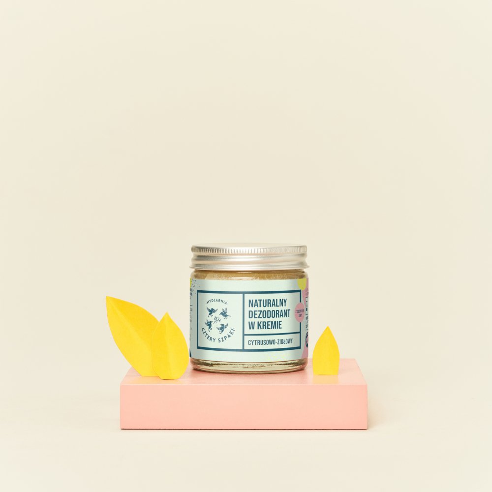 Naturalny dezodorant w kremie cytrusowo-ziołowy z ziemią okrzemkową w szklanym słoiczku 60 ml, 4 Szpaki