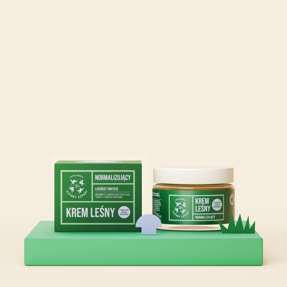 Krem leśny normalizujący do twarzy. Łagodzi i matuje. Ekstrakty z komórek mchu oraz chagi, tremelli i pornatki kokosowej. Z dodatkiem dziegciu brzozowego. 4 Szpaki.