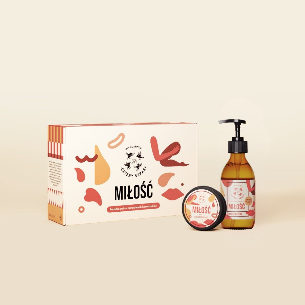 Zestaw Miłość składa się z mydła w płynie Miłość, balsamu do masażu Miłość oraz pudełka prezentowego. 