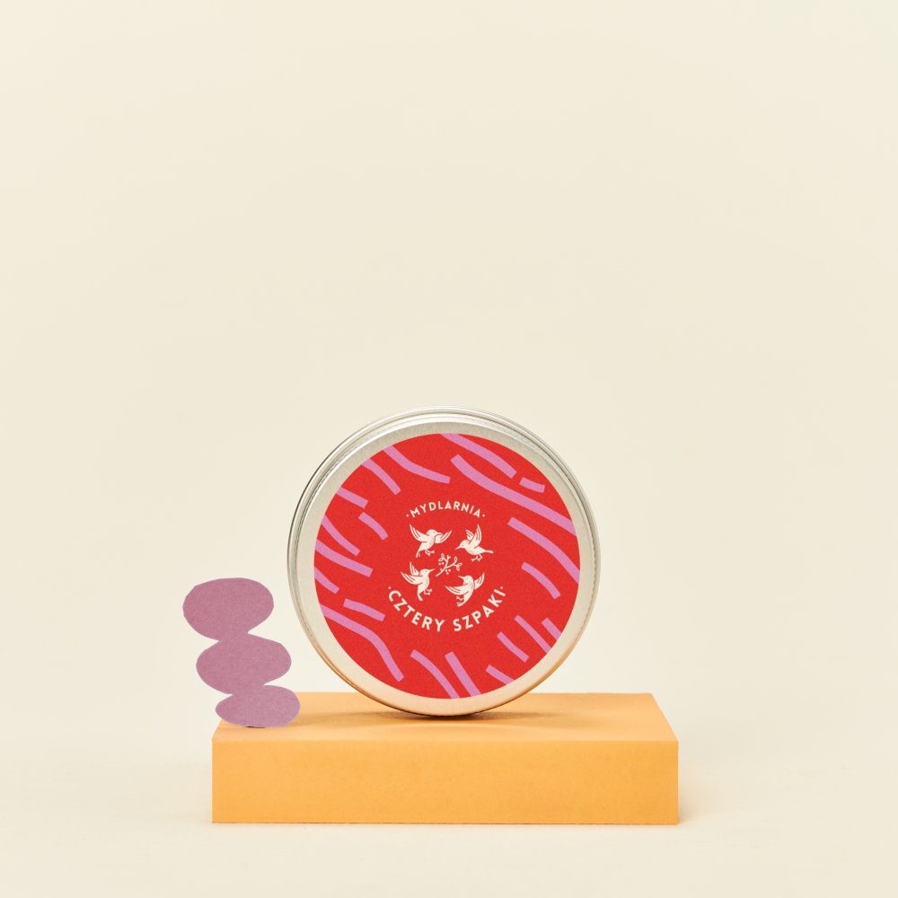 Okrągła aluminiowa puszka na szampon lub odżywkę w kostce z nadrukiem w kolorach czerwonym i różowym oraz białym logo, 4 Szpaki