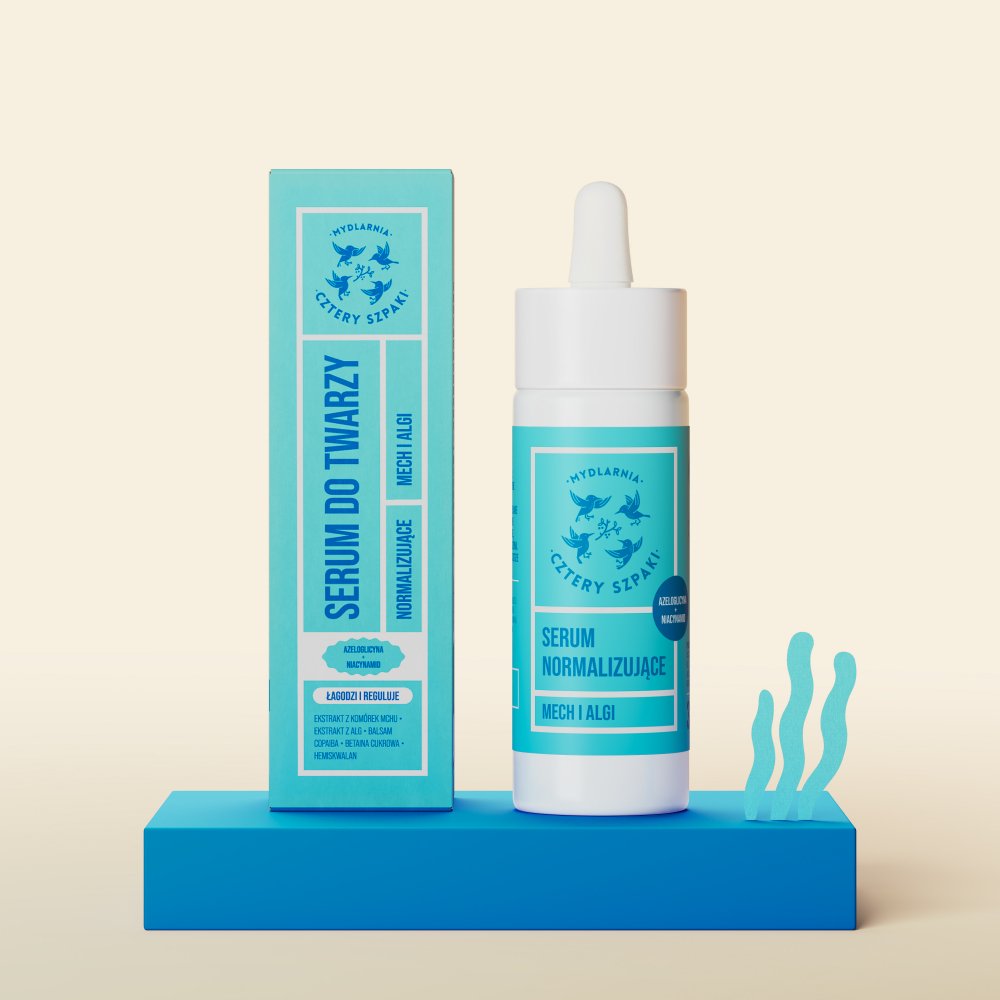 Serum normalizujące Mech i Algi w szklanej butelce z pipetą 30 ml z kartonikiem, 4 Szpaki