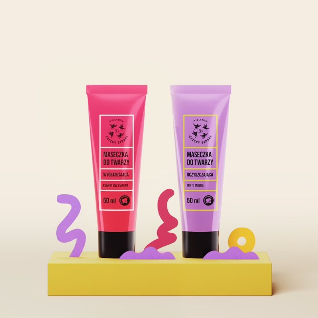 Zestaw dwóch maseczek do twarzy w aluminiowych tubkach - wygładzająca Czarny Bez i Malwa 50 ml i oczyszczająca Mirt i Jagoda 50 ml, 4 Szpaki