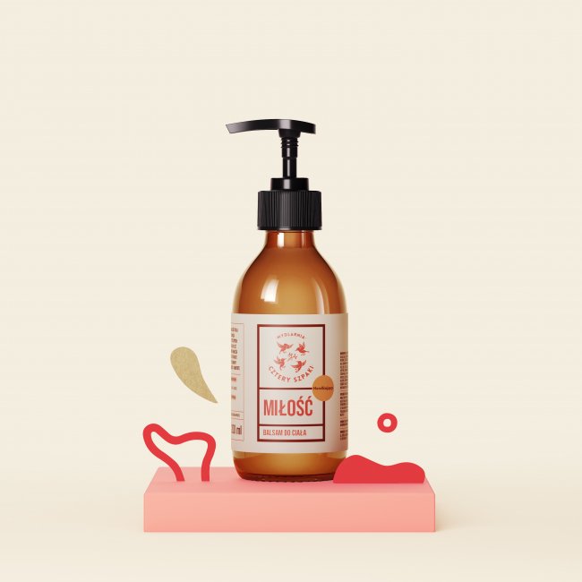 Brązowa butelka z pompką z napisem Miłość stoi na różowej platformie z abstrakcyjnymi kształtami wokół niej.Tło ma kolor jasnokremowy.