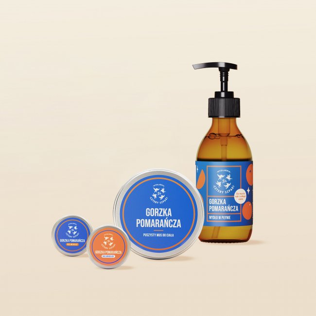 Zestaw Gorzka Pomarańcza: mydło w płynie, mus do ciała, balsam i peeling do ust.