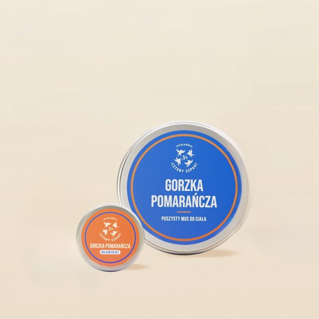 Zestaw Gorzka Pomarańcza - mus do ciała i balsam do ust w aluminiowych puszkach. 