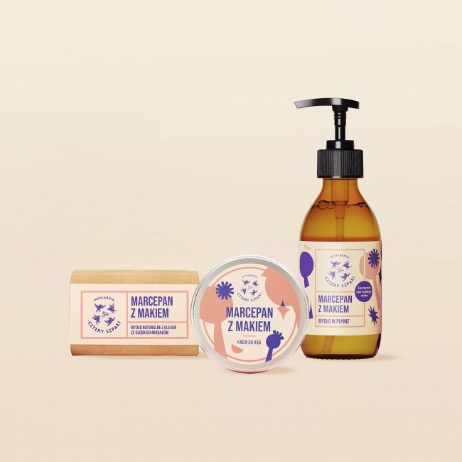 Zestaw Marcepan z Makiem: mydło w płynie, krem do rąk i mydło w kostce. 